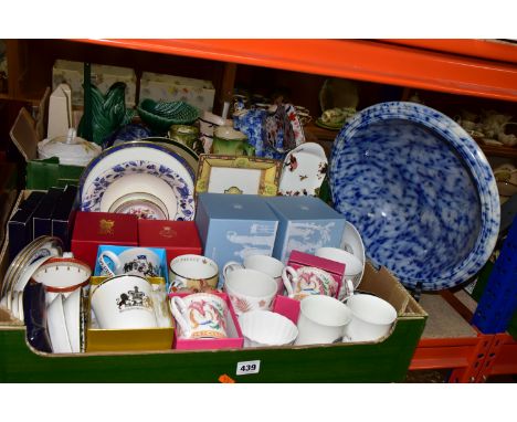 TWO BOXES OF CERAMICS, to include a blue and white iron stone bowl, diameter 36cm, eight boxed and unused Royal Collection Tr