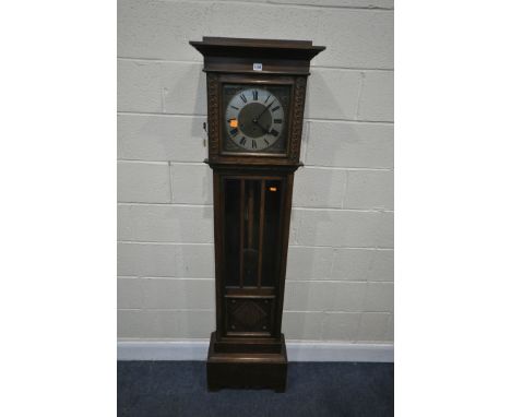 AN EARLY TO MID 20TH CENTURY OAK LONGCASE CLOCK, with a brass and silvered 9 inch dial, Roman numerals, on bracket feet, heig