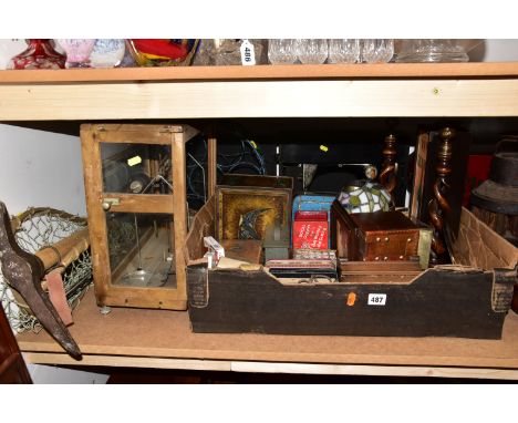 TWO BOXES AND LOOSE DOLLS, SEWING MACHINE, SCALES AND SUNDRY ITEMS, to include a cased Tailor Bird sewing machine, a rustic w