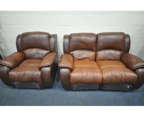 A BROWN LEATHER MANUAL RECLINING TWO PIECE SUITE, comprising a two seater sofa, length 159cm, and an armchair (condition:-sof