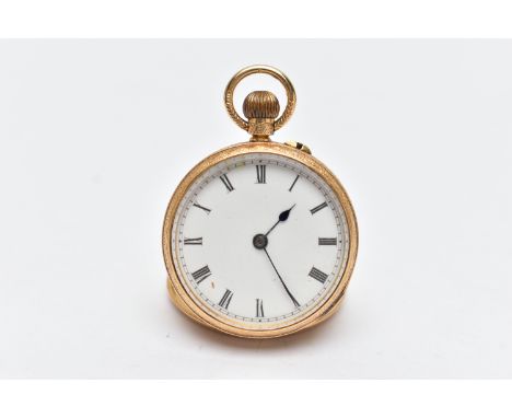 AN EARLY 20TH CENTURY, 18CT GOLD OPEN FACE POCKET WATCH, manual wind, round white dial, Roman numerals, blue steel hands, in 
