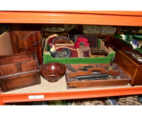 ONE BOX OF TREEN, to include a late 19th Century tea caddy with two separate internal compartments, original lining and a bra
