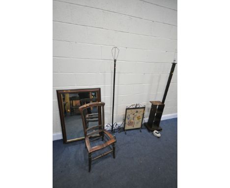 A SELECTION OF OCCASIONAL FURNITURE, to include an oak standard lamp besides an attached open shelving, a wrought iron standa
