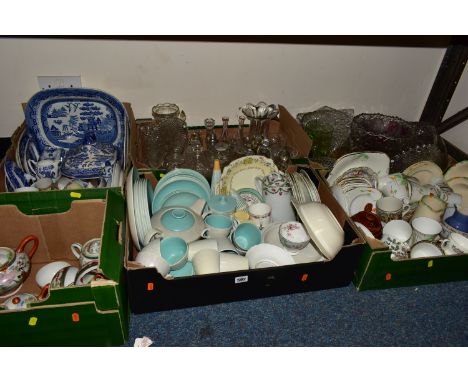 SIX BOXES OF CERAMICS AND GLASSWARES, to include a forty eight piece Poole Twintone teaset in Ice Green and Seagull, Hornsea 