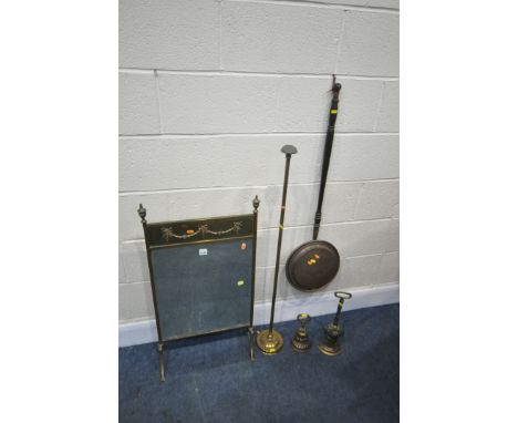 AN EARLY 20TH CENTURY BRASS MIRRORED FIRESCREEN, width 48cm x height 85cm, a 19th century brass wig/hat stand, on a weighted 
