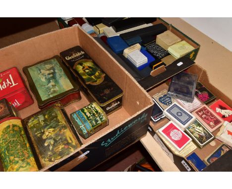 THREE BOXES OF EMPTY JEWELLERY BOXES, TINS AND PLAYING CARDS, to include a quantity of assorted vintage and modern boxes for 