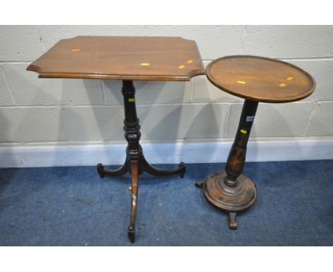 A 19TH CENTURY MAHOGANY RECTANGULAR TRIPOD TABLE, width 57cm x depth 33cm x height 75cm, along with a Georgian elm dish top t