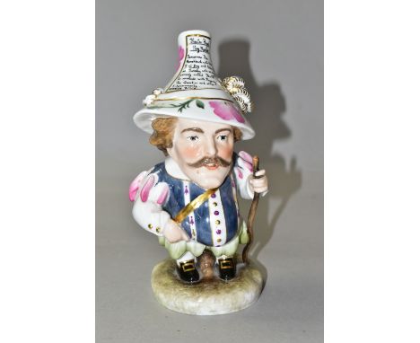 A ROYAL CROWN DERBY 'MANSION HOUSE DWARF' FIGURE, a 'Theatre Royal Haymarket' play bill in his florally painted hat, standing