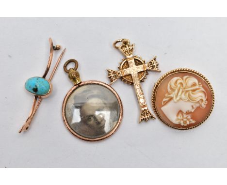 FOUR PIECES OF JEWELLERY, to include a hollow cross pendant, stamped 9ct, fitted with a jump ring, length 40mm, a turquoise c