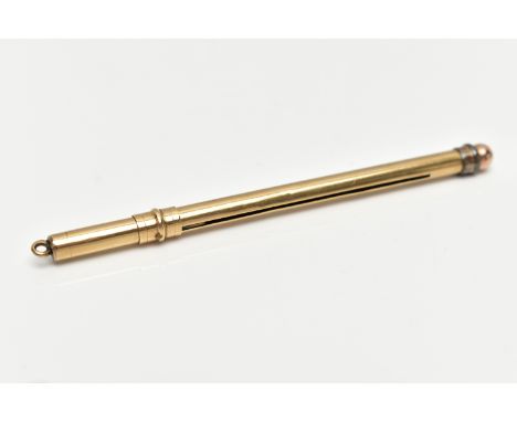 A 9CT GOLD SWIZZEL STICK, polished case, stamped 9ct gold, closed length 80mm, approximate gross weight 5.7 grams, fitted wit