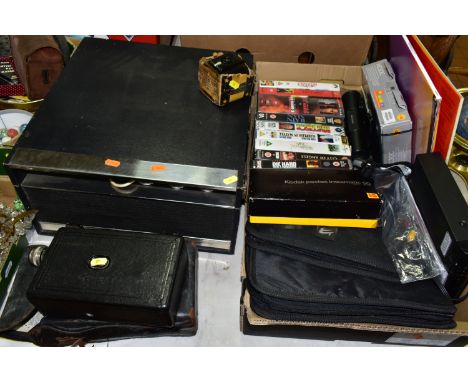 A BOX AND LOOSE SUNDRY ITEMS ETC, to include a Kodak cine model B camera with leather case, Kodak baby brownie camera, Danset