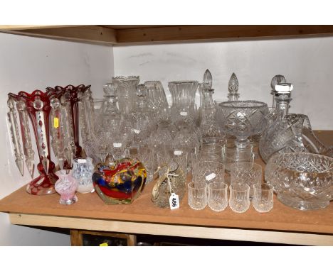A GROUP OF CUT CRYSTAL AND OTHER GLASSWARES, to include a pair of red cut to clear lustres, three small Caithness vases, a tr