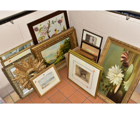 A QUANTITY OF PAINTINGS AND PRINTS ETC, to include an early 20th century pastoral landscape depicting sheep in a hillside set