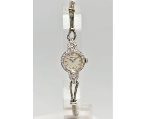 A LADYS MID 20TH CENTURY DIAMOND SET COCKTAIL WATCH, manual wind, round white dial signed 'Vertex',  Arabic twelve and six, r