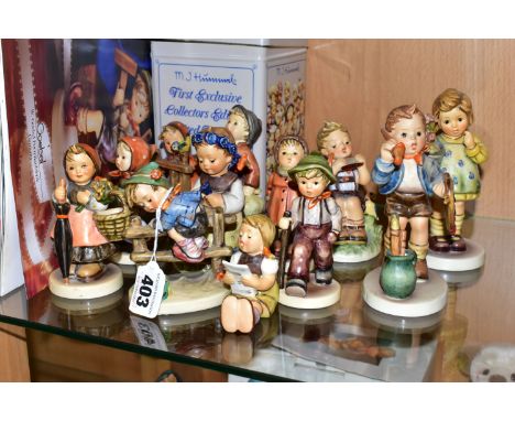 A GROUP OF TWELVE HUMMEL GOEBEL FIGURINES, comprising 'Grandma's Girl' 561 (1989), 'On Holiday' 350 , 'Retreat To Safety' 201