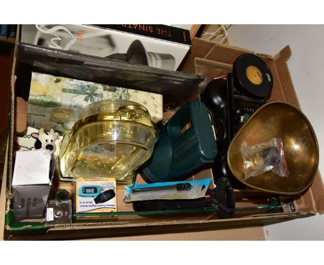 ONE BOX OF SUNDRIES to include a set of Salter scales, a battery powered mantle clock, a glass shelf, a plastic hand torch, t