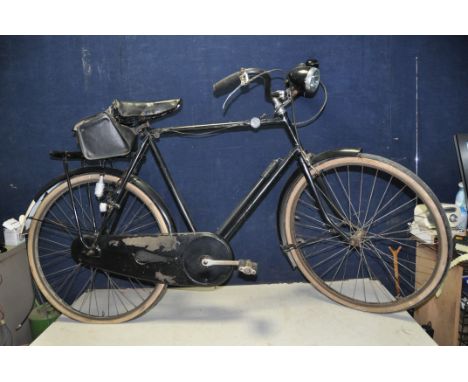 A VINTAGE GENTS BICYCLE overpainted in black so no makings visible but gear lever is stamped BSA 3 speed, 24in frame, saddleb