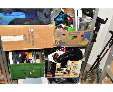 FOUR BOXES AND LOOSE POWER TOOLS, OUTDOORS EQUIPMENT, KITCHEN APPLIANCES AND SUNDRY ITEMS to include Black &amp; Decker and K