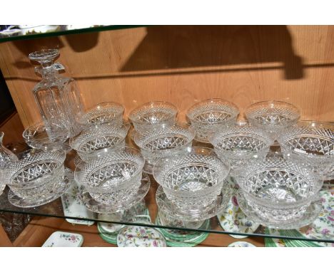 A GROUP OF STUART CRYSTAL, comprising twelve Sandringham pattern fruit salad bowls and saucers, a square decanter personalise