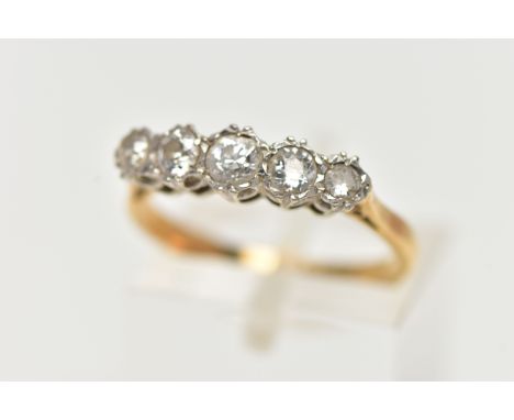 A YELLOW METAL, FIVE STONE DIAMOND RING, set with five graduating, old cut diamonds, estimated total diamond weight 0.64cts, 