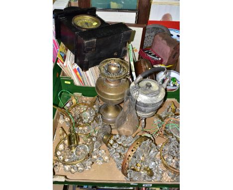 TWO BOXES OF SUNDRY ITEMS ETC, to include a HAC mantle clock in need of attention, brass lamp base, electric glass and brass 