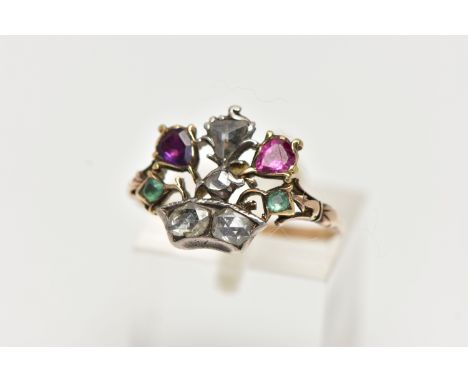 A GOLD, GEORGIAN MULTI GEM SET, GIARDINETTI RING, designed as a basket of flowers set with various gemstones to include, diam