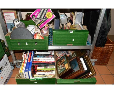 FIVE BOXES OF BOOKS AND MISCELLANEOUS SUNDRIES, to include a collection of Snooker ephemera, a souvenir programme 1981 Loughb