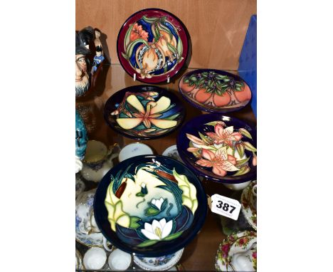 FIVE MOORCROFT PIN DISHES, comprising a 2003 'Plevriana' pattern designed by Moorcroft senior artist Rachel Bishop, 'New Fore