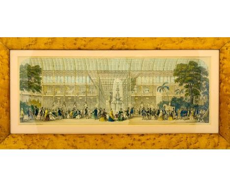 Crystal Palace Great Exhibition. Two hand-coloured aquatint etchings, c.1851, interior &amp; exterior views, in later maple v
