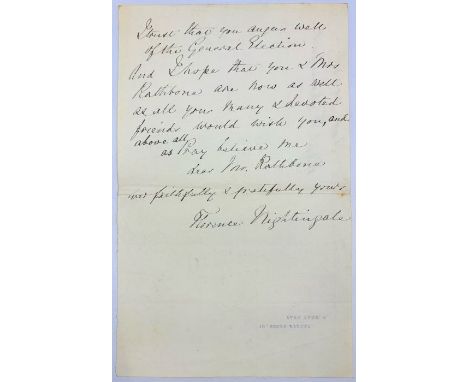 Florence Nightingale (1820-1910), founder of modern nursing, known as "The Lady with the Lamp". Autograph letter signed in bl