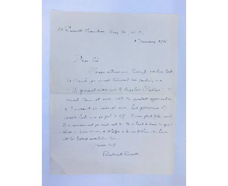 Bertrand Russell (1872-1970). Autograph letter signed, black ink on single sheet bearing manufacturer's watermark (Truslove &