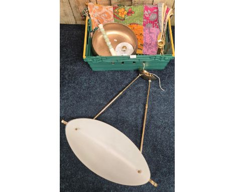 Crate of collectables; brass and glass ceiling light. Chinese Jade and bone handle brush. Indian Wool patchwork throw. Brass 
