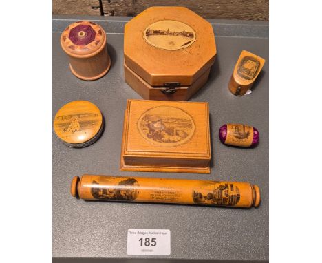A Collection of Seven pieces of antique Mauchline Treen ware, New Pier Brighton desk tidy, Bridge of Allan Stirling small rol