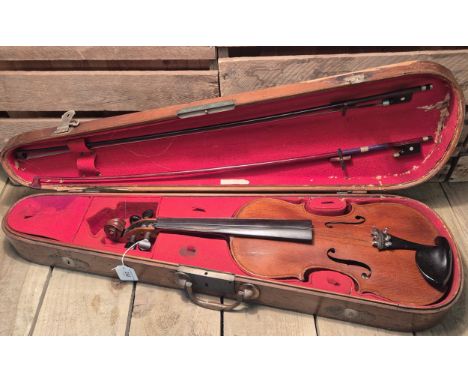 Early 20th century German Violin Stradivarius Label, Full size Length of back 360mm in fitted Coffin case With two violin bow