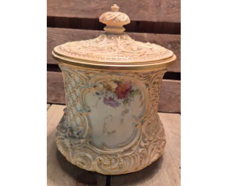 19th century Royal Worcester Blush Ivory lidded biscuit barrel. Decorated with a floral design. 21cm high. Two small nicks to