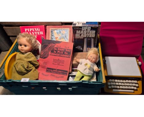 Crate of collectables; Cased Petite International De Luxe typewriter, ESL boxed industrial coil, UFO Master Blaster Station. 