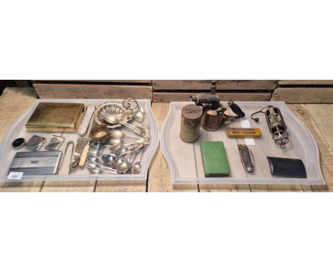 Two trays of collectables; 1920's 30's Lucas engine inspection light. Dockyard knife. R.M. Burner. Puncture repair kit. Post 