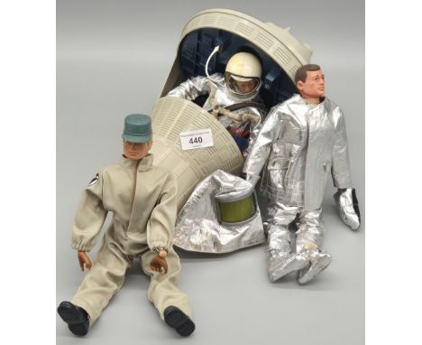 A Collection of three early 1960's action man dolls with capsule space ship. 