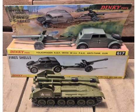 Dinky 617 Volkswagen KDF with 50mm P.A.K. Anti- Tank Gun with box and Dinky 155mm Mobile Gun 