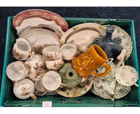 Crate of collectables; Blairs China green and white pattern tea set. Japanese egg shell landscape coffee set, Wedgwood tureen