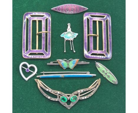 A Collection of Art Nouveau &amp; Deco jewellery; Charles Horner inspired green enamel oval form brooch. Silver and enamel bu
