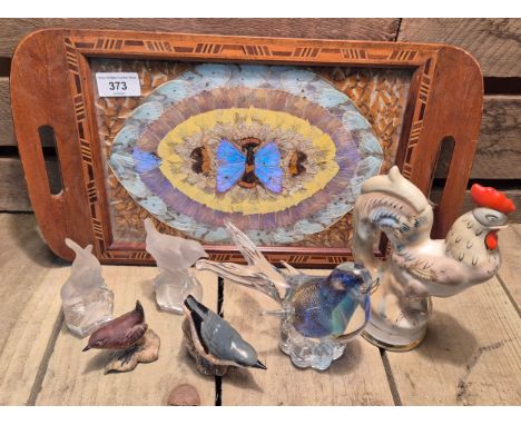 Taxidermy butterfly serving tray together with various porcelain and glass bird figures; Goebel Wren figures, Russian decante