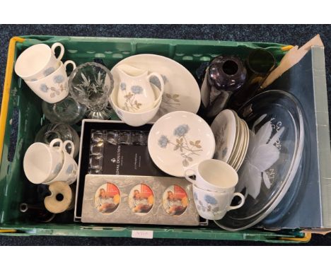 Crate of collectable odds; Art glass vase possible Mdina. Royal Doulton Boxed photo frame. Wedgwood frame. Wedgwood "Ice Rose