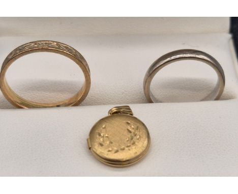 9ct yellow and white gold band rings. Together with a 9ct yellow gold locket. 5.89Grams. Ring size J &amp; O. 