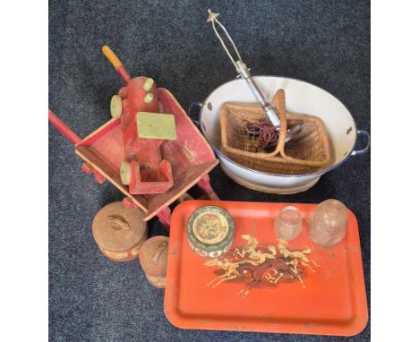 A Selection of Collectables; enamel wash basin, mid century metal horse scene tray, art Deco table lamp &amp; other items