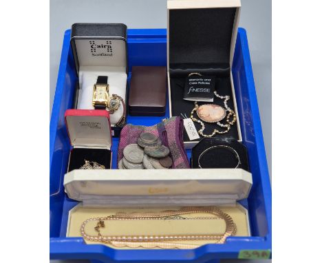 A Selection of jewellery; Silver and carved cameo brooch, Cairn watch with dial inspired by Charles Rennie Mackintosh, Silver
