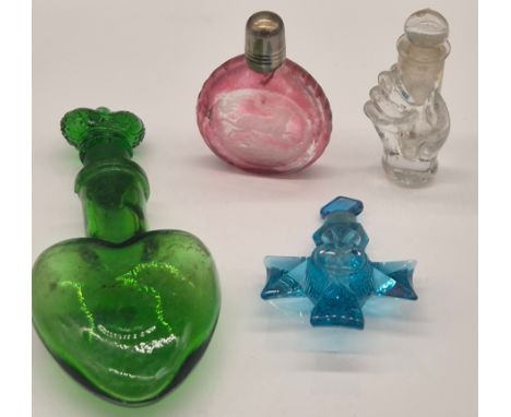 A Collection of Four 19th century art glass perfume bottles; 1900s Cranberry etched Rabbit/ Hare glass scent bottle with stop