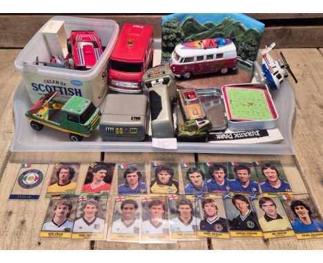 Tray of collectable toys and odds; Original Star Trek toys. Figurine Panini Football Superstars cards and various playworn ve