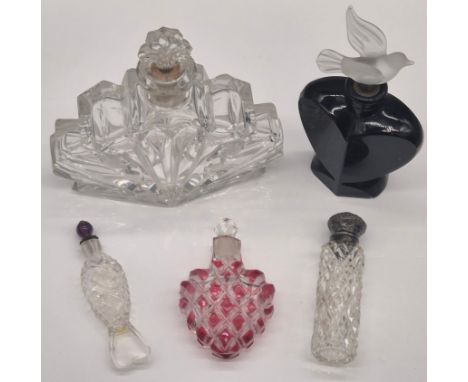 A Collection art glass &amp; vintage glass perfume bottles; Gothic Black Heart Shaped Art Deco Style Perfume Bottle with Fros
