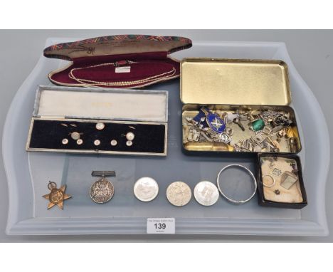 A Tray of Collectables Jewellery, Coins &amp; medals; WW2 Defence medal, WW2 star medal, Rolled gold mounted tie set, Cased p